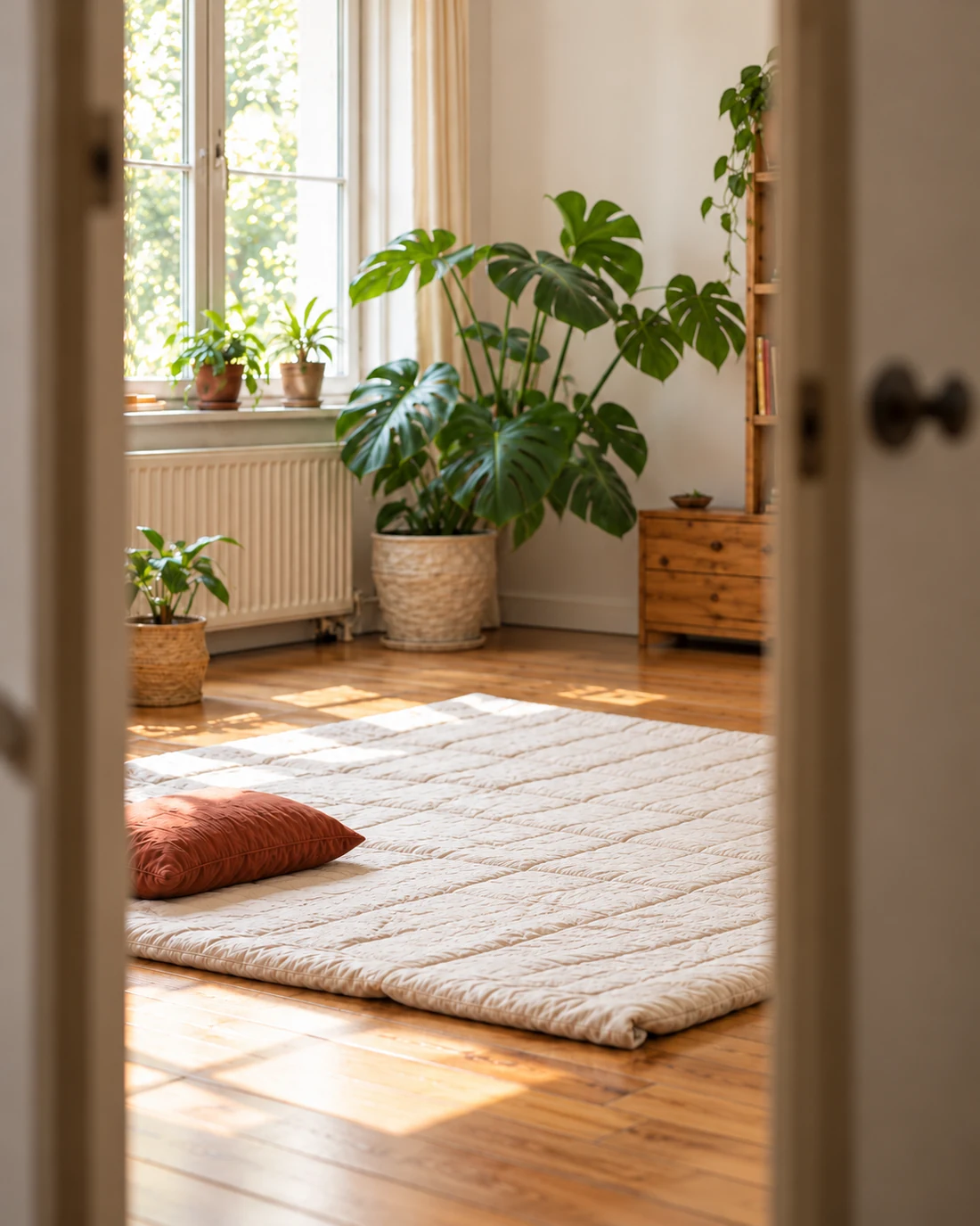 Illustratief sfeerbeeld van een lege ruimte met een mat, planten en zacht daglicht