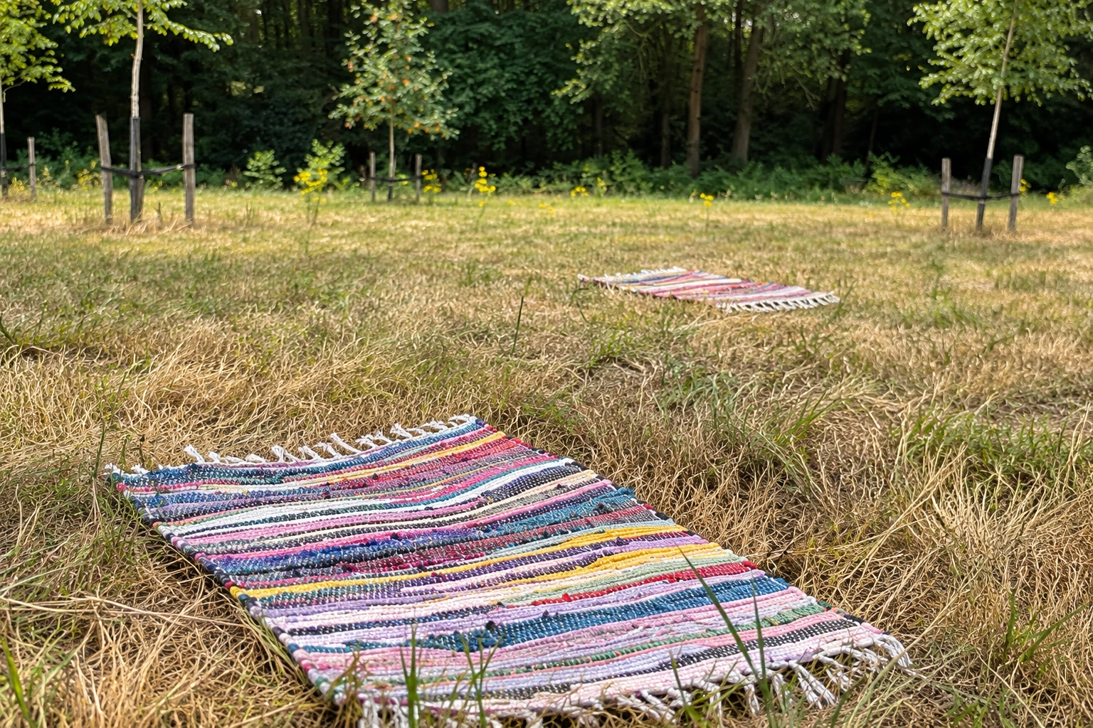 Kleurrijke geweven matjes op het gras aan een bosrand